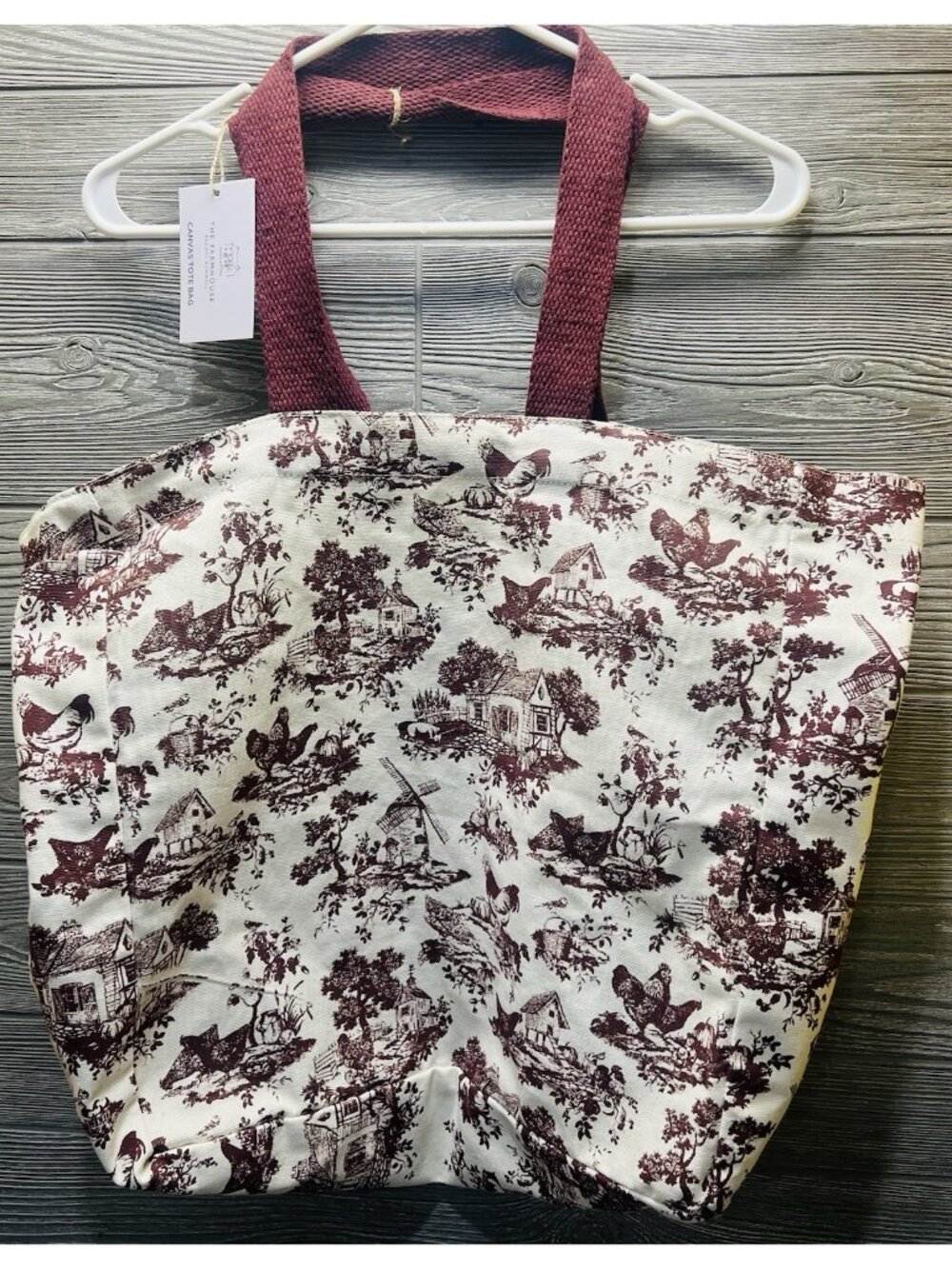 Rachel Ashwell The Farmhouse Canvas Tote Bag Brown Toile Rooster Farm Scene NEW